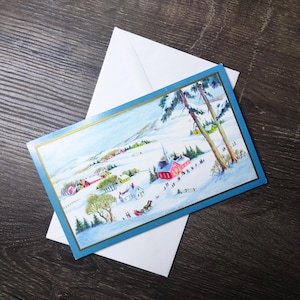 Escena de paisaje invernal, tarjeta de Navidad, alegría, temporada, tarjeta de felicitación, papelería, vintage, nuevo, antiguo, stock, pueblo, iglesia, tierras de cultivo, casa de campo, nieve, trineo