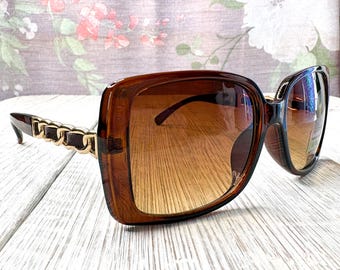 Chunky Square Sunglasses: Brown Plastic Eyewear, Faux Leather Accent