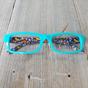 aqua blue multi color rectangle glasses frames only costume/rave/festival/party/anime/fun/novelty women/youth preppy/nerd/dork/nerdy/dorky
