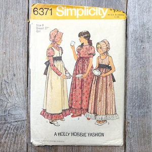1974 simplicity sewing pattern 6371 girl/child size 8 bust 27 holly hobbie fashion dress/jumper/bonnet long skirt gathered bodice high waist