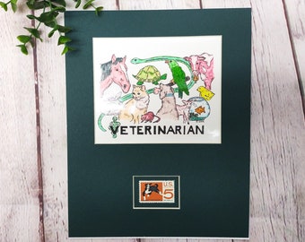 vintage 1960s 5 cent stamp wall art, humane treatment of animals, veterinarian animal drawing