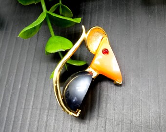 vintage mod mouse brooch pin | semiprecious stone brooch pin | gold, black, orange