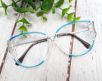 1980s large round eyeglasses blue clear silver vintage eye glasses women men eyeglass frames NOS