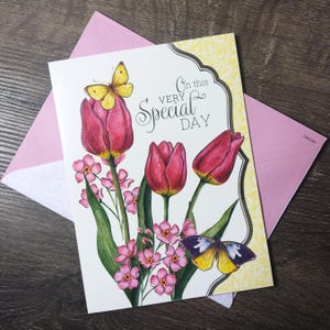 dia especial cartão de felicitações aniversário formatura dia das mães celebração tulipas vermelhas flores florais borboletas borboleta estacionário vintage nos