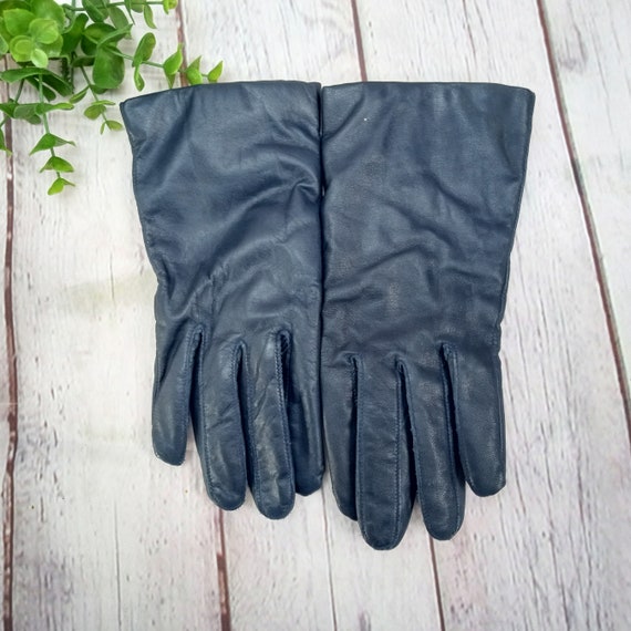 vintage womens dark blue leather gloves - image 4