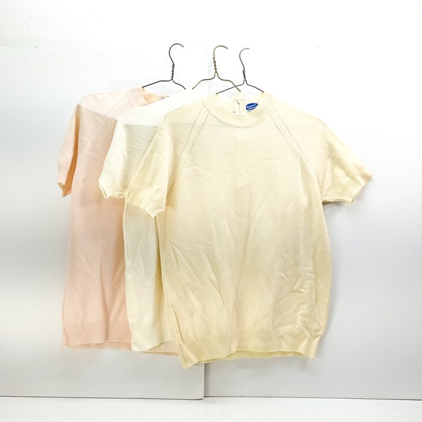 vintage womens blouse lot of 3 tops shirts with a mock collar and short sleeves, knit dress shirt, yellow, pink L/XL