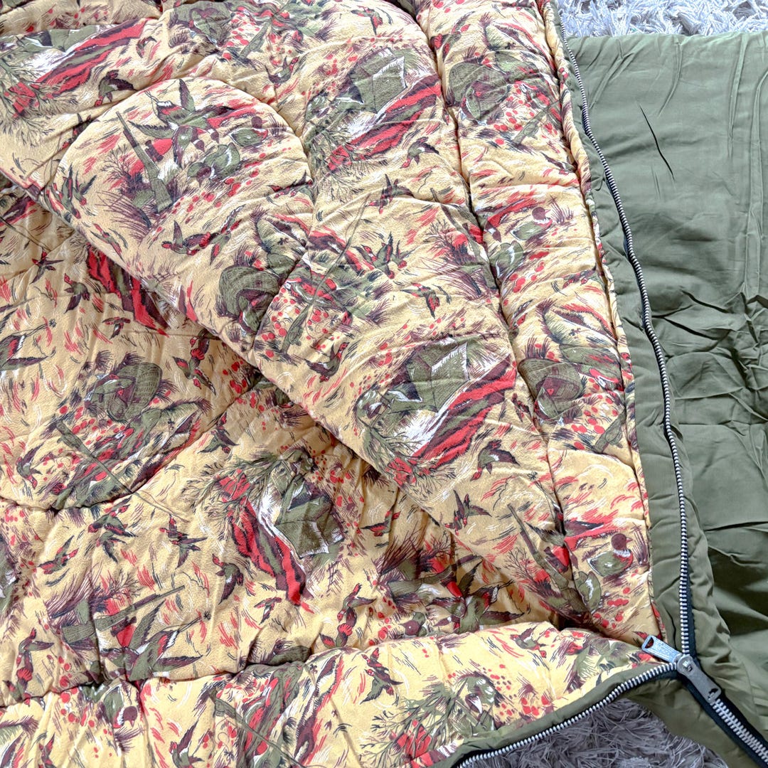Vintage Coleman Sleeping Bag: Red Flannel Pheasant Print, Canvas Bedroll 