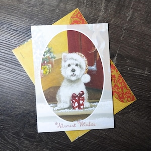 Tarjeta de felicitación navideña con los mejores deseos para un perro maltés, regalo, paz, amor, alegría, nuevo, stock antiguo, vintage, vacaciones, papelería, EE. UU., lindo cachorro