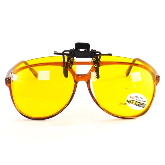 vintage clip on sunglasses flip up yellow tint le… - image 3