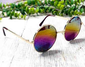 Oversized Round Hippie Sunglasses: Light Gold Metal Frames with Rainbow Mirror Lenses