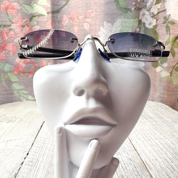 Rimless Rectangular Sunglasses: Blue Lens, Silver… - image 4