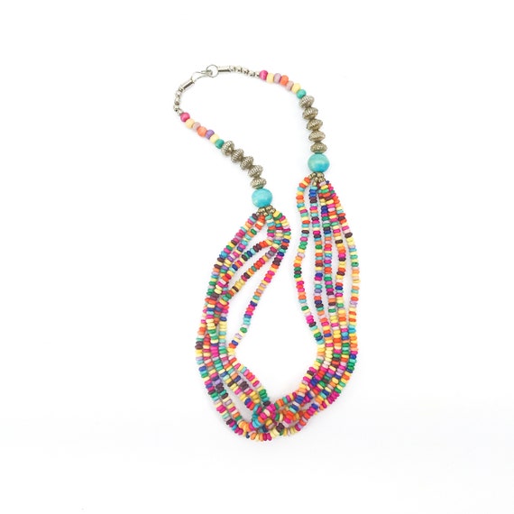 1980s boho necklace vintage beaded necklace multi… - image 1
