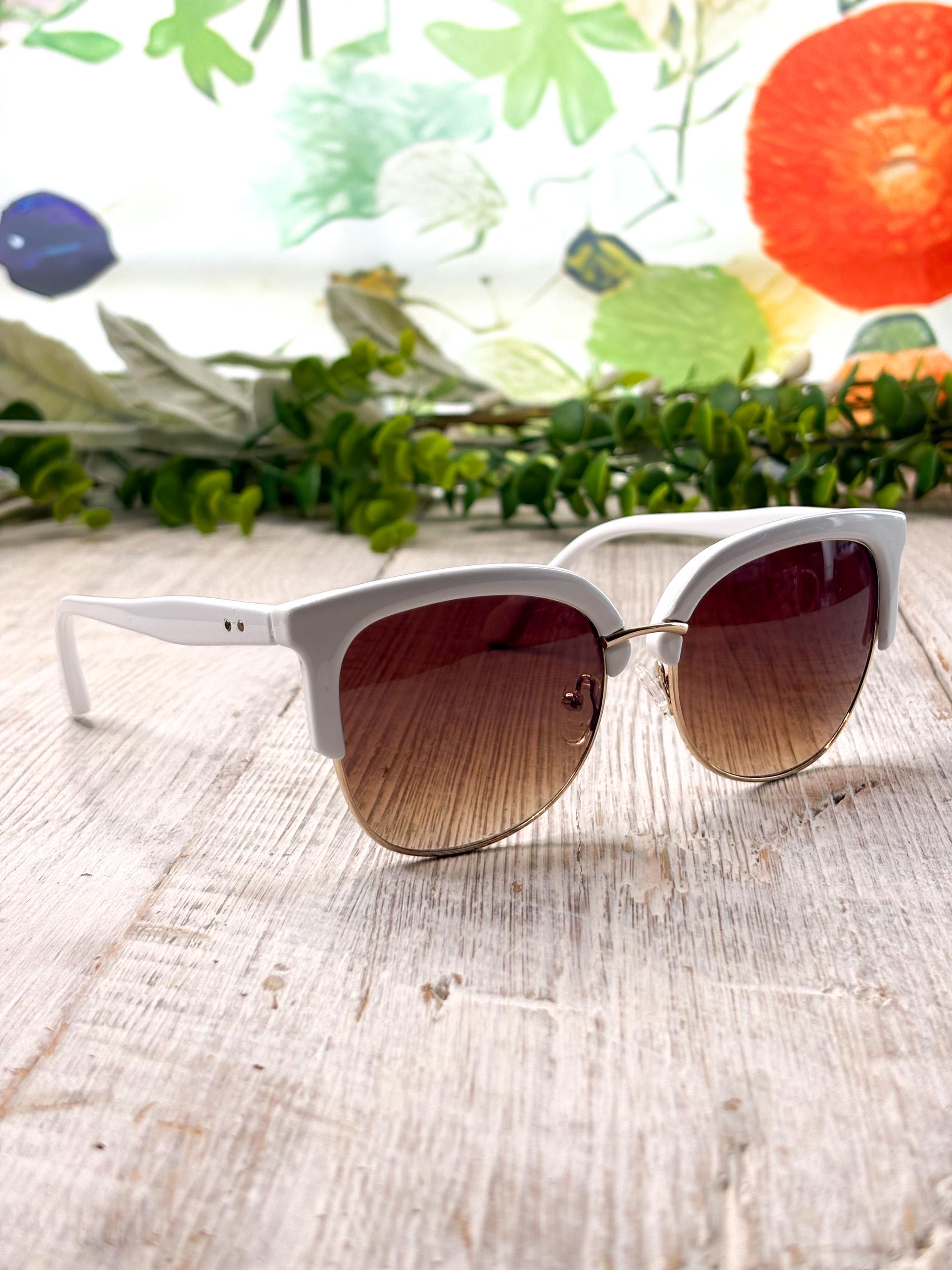 Large White Clubmaster Sunglasses: Gold Details, Bronze Lenses, UV400
