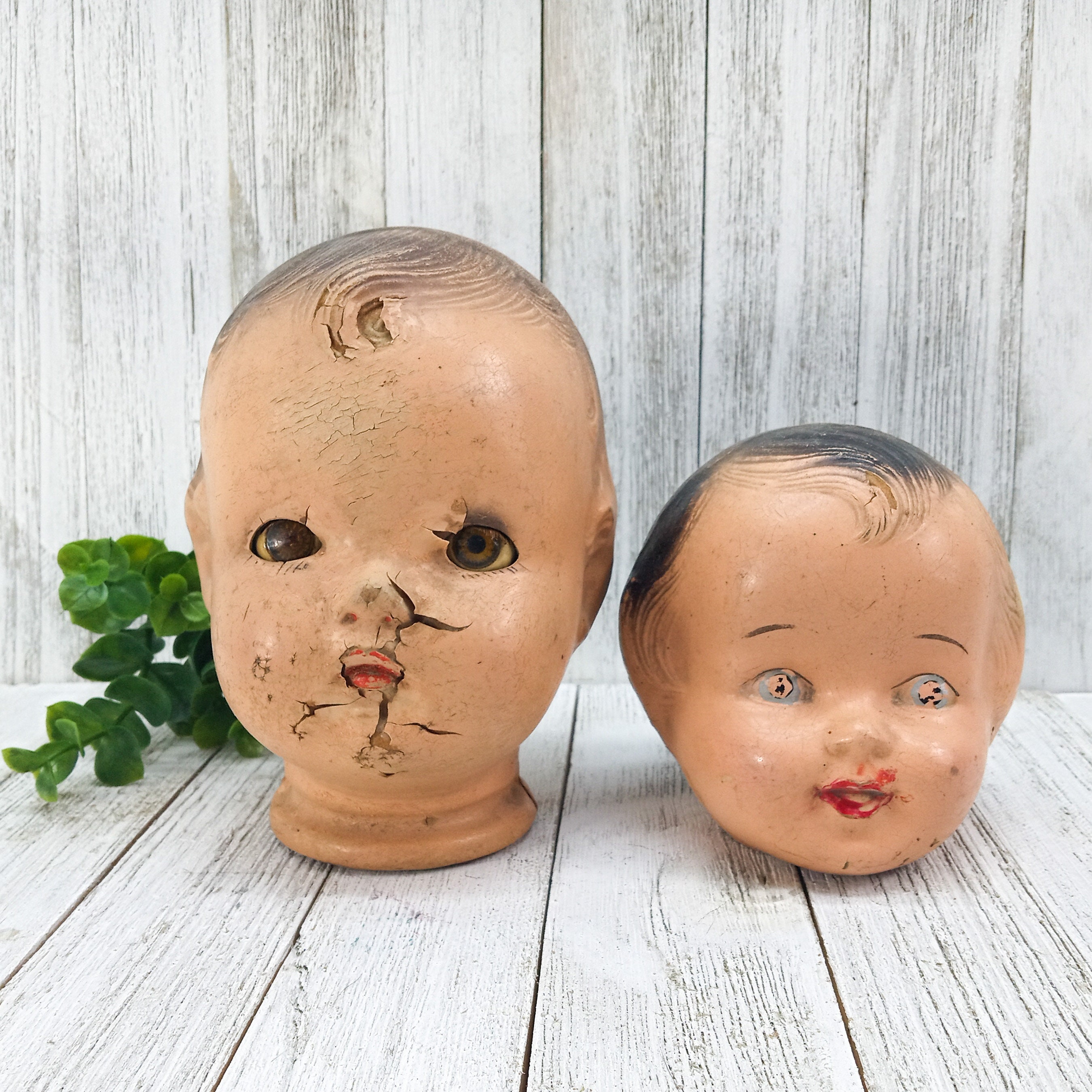 Vintage Creepy Doll Head, Composition Doll Head Decor 