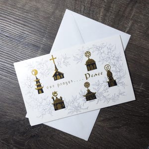 Tarjeta navideña vintage una oración paz oro blanco religiones templos religiosos coexisten artistas famosos estudios alegría hermandad tarjeta de felicitación