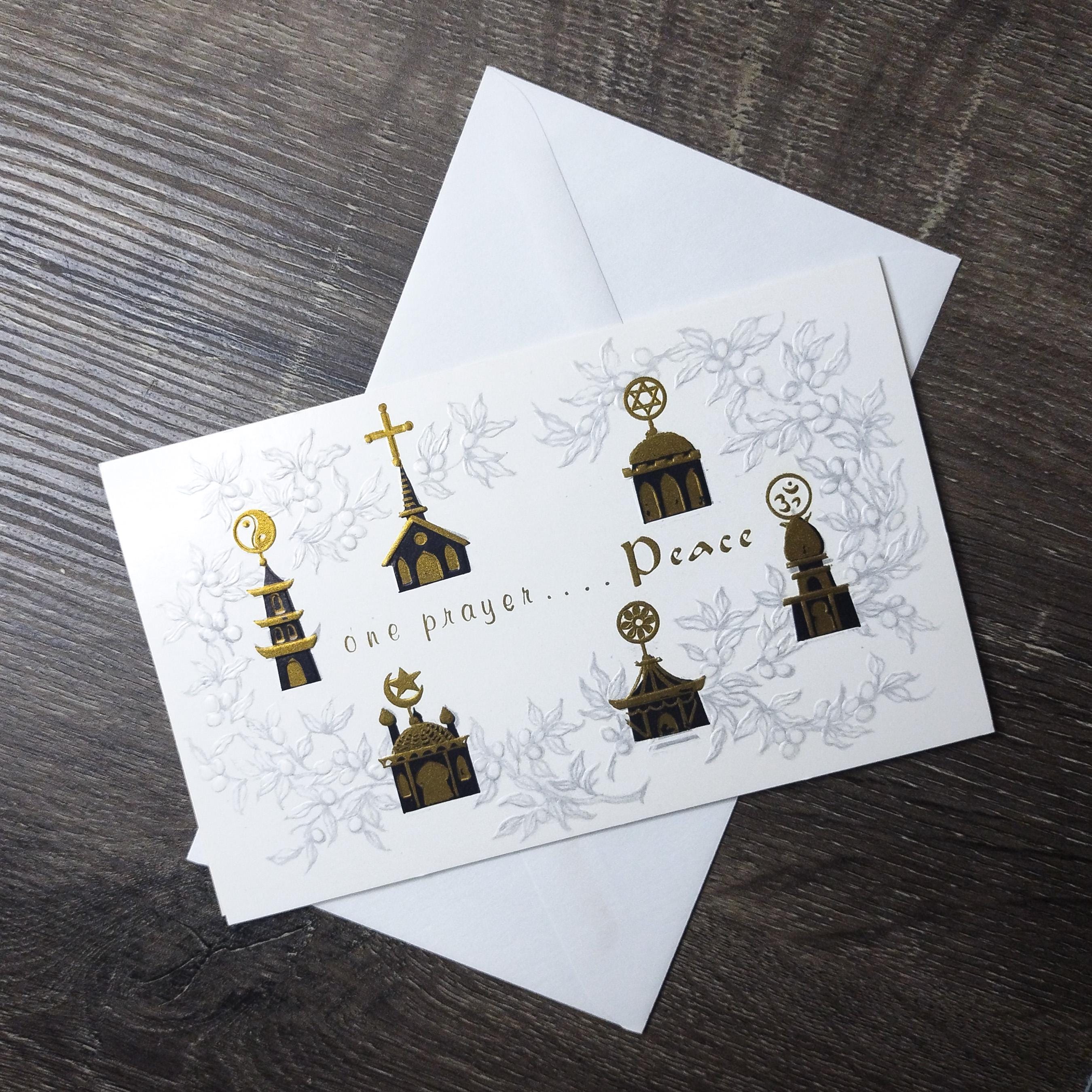 vintage christmas card one prayer peace white gold religions religious temples coexist famous artists studios joy brotherhood greeting card