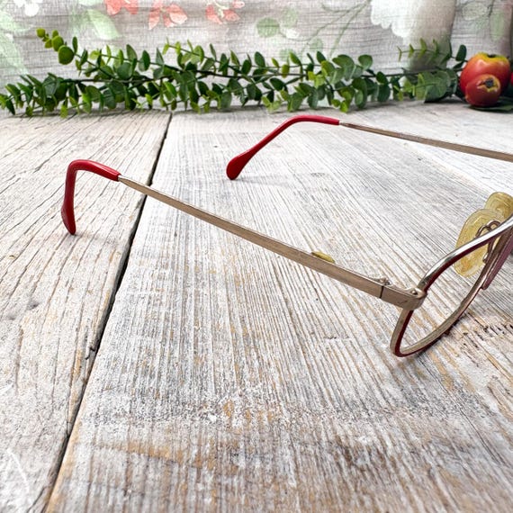 Vintage Rectangle Eyeglass Frames: Red & Gold Met… - image 3