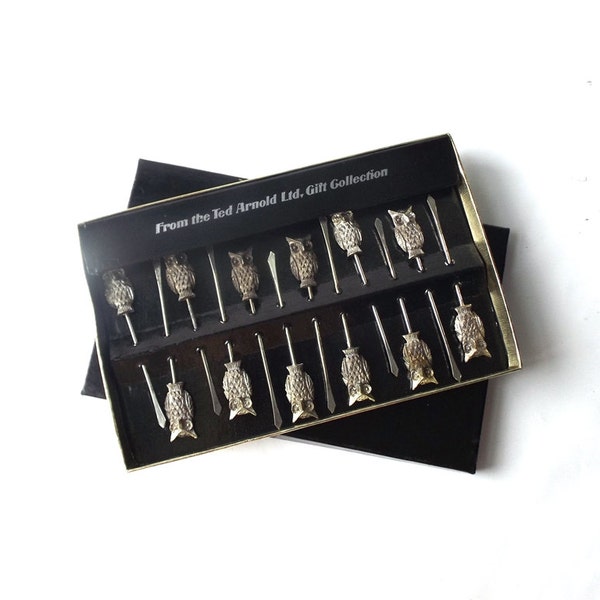 vintage 1970's NOS set 12 metal owl appetizer picks fork cocktail sticks serving entertaining ted arnold hors d'oeuvres food mid century old