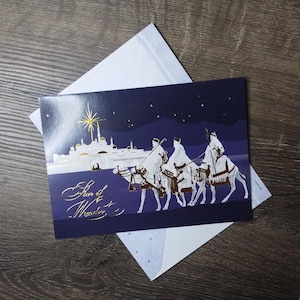 Tarjeta de Navidad de los tres Reyes Magos, paz, amor, alegría, tarjeta de felicitación, iglesia de Jerusalén, papelería, nueva, antigua, stock, tarjeta festiva, camellos azules, dorados y blancos