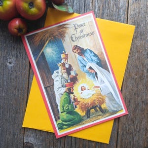tre re magi bambino gesù maria giuseppe matteo 2:14 cristiano religione religioso biglietto di auguri cancelleria vintage estetica amico/collega
