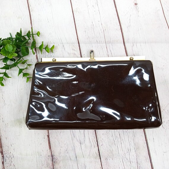 vintage brown patent leather clutch purse with go… - image 4