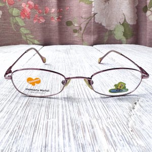 May include: Purple metal eyeglasses with oval lenses. The left lens has a Nickelodeon logo and the text "Memory Metal". The right lens features a SpongeBob SquarePants graphic. The frames are a dark purple color.