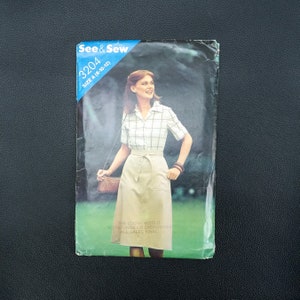 80s vintage womens sewing pattern butterick see & sew 3204 size A 8-10-12 fitted shirt, back wrapped A-line skirt
