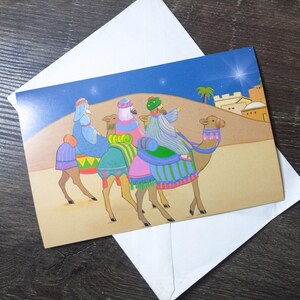 cartão de natal dos três reis magos cena da manjedoura paisagem camelos montanhas mateus 2:1 cartão religioso religião cristã papelaria nos vintage