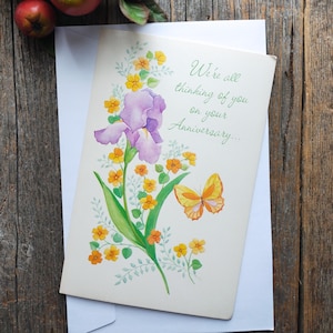 Glückwunschkarte zum Jahrestag von uns allen Vintage ästhetische amerikanische Grußkarte Retrostil Blumen Schmetterling Orchidee Paar/verheiratet/Ehe