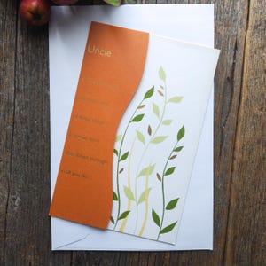 Tarjeta de cumpleaños para tío para él/hombre, tarjetas de felicitación americanas, papelería vintage, naturaleza, estética, amor, hierba verde, óxido, naranja, pensando en ti
