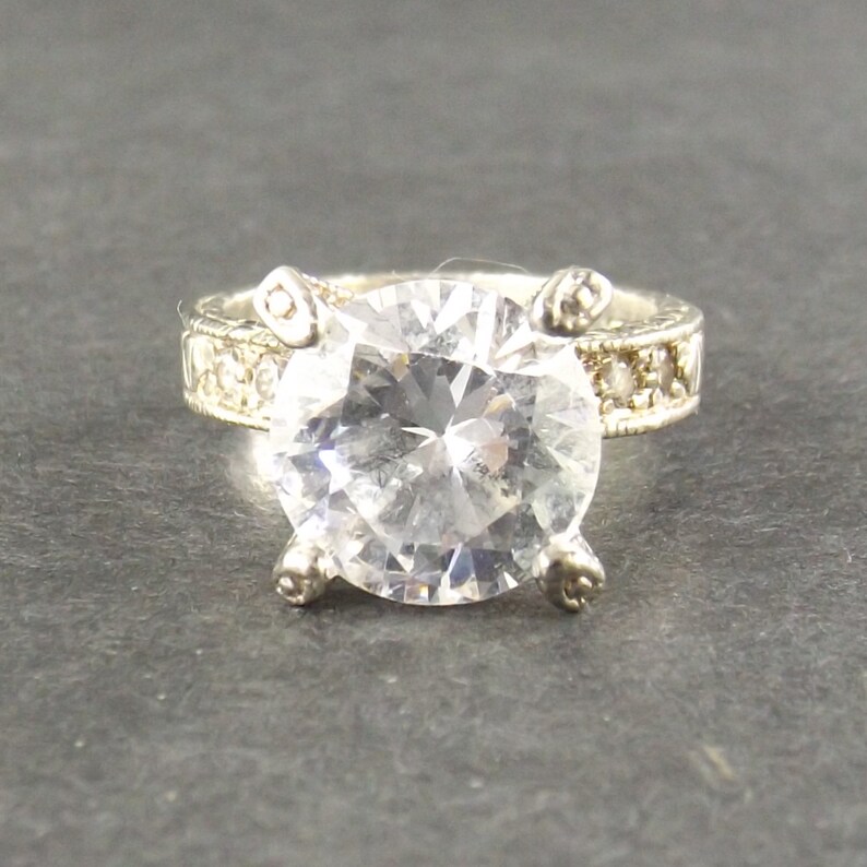 cocktail ring cubic zirconia statement ring sterling silver womens size 6.75 vintage 90s 2000s
