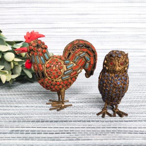 vintage brass filigree jeweled rooster or owl figurine metal miniature animal
