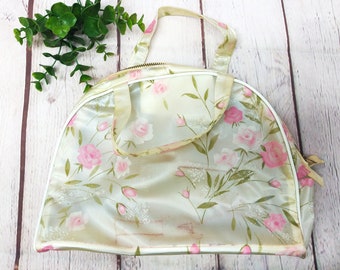 vintage plastic cosmetic bag pink floral women beauty accessories travel pouch with handles