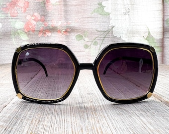 Oversized Square Sunglasses: Purple Gradient Lens, Black & Gold Frames
