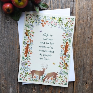 bedankkaart familie vrienden wenskaart mannen/vrouwen/vriend/volwassene/collega/zus/broer/moeder/vader bos scène hert hert vos bloemen vogel