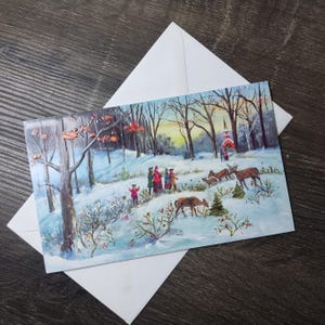 Carte de Noël scène de forêt d'hiver famille de cerfs église familiale clocher arbres carte de voeux paysage de neige à l'arrêt vintage neuf vieux stock
