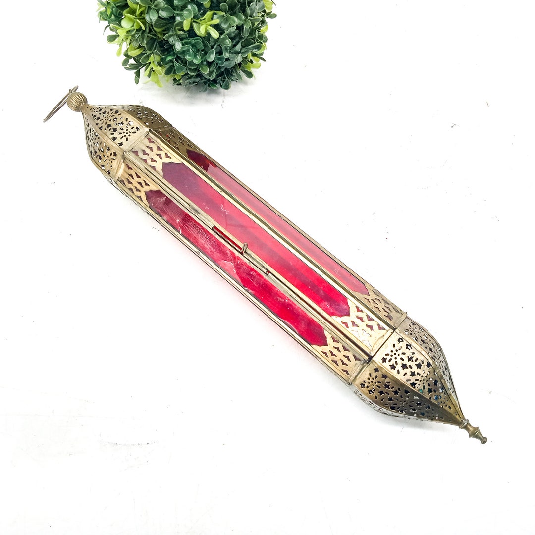 Vintage Moroccan Hanging Candle Holder Red Glass Panels Etsy