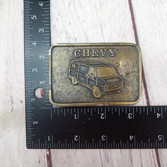 vintage brass CHEVY van belt buckle Gem