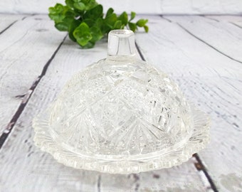 vintage ring dish with lid, clear pressed glass jewelry dish