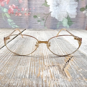 vintage eyeglass frame only eyeglasses 135 gold/blue metal oval cat-eye glasses women&#39;s prescription eyewear deadstock nos