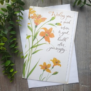 Tarjeta de pronta recuperación para recuperar la buena salud después de la cirugía, tarjeta de felicitación con flores de lirio naranja para hombres, mujeres, amigos y familiares