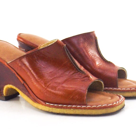 vintage open toe pumps women 6 | brown leather he… - image 4
