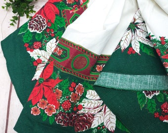 vintage round tablecloth Christmas table cloth, white green and red, poinsettia flowers