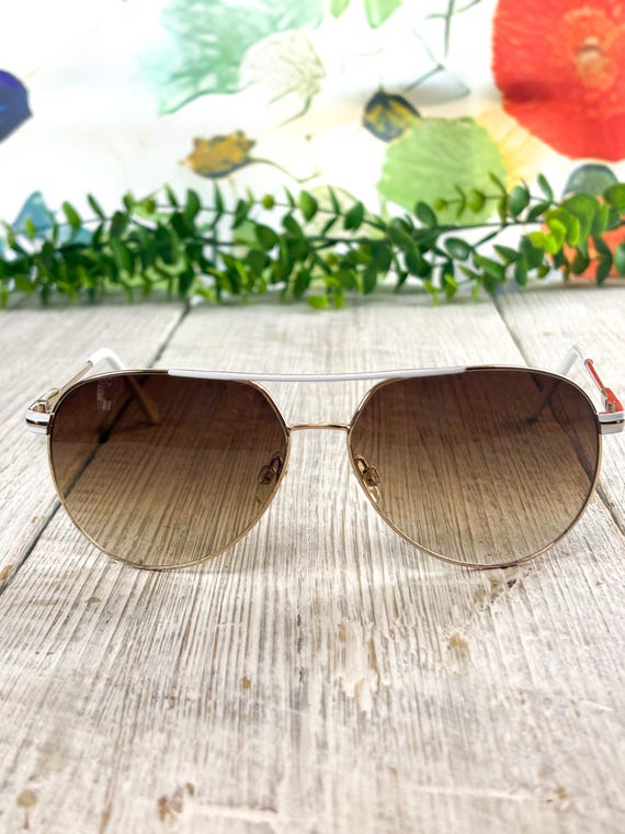 Aviator Sunglasses: Light Gold Metal, White, Bronze Lenses, UV400