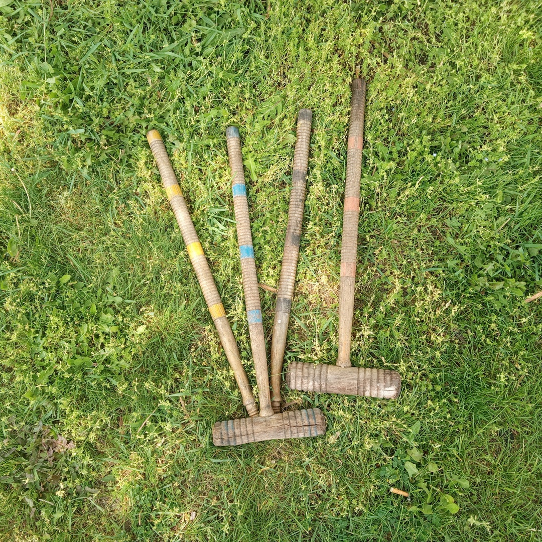 Vintage Croquet Mallet, Wooden Sticks, Wood Croquet Mallets, Aged, Red