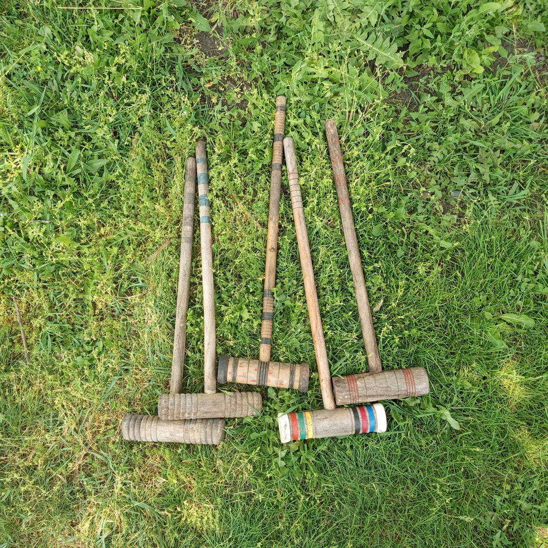 Vintage Croquet Mallet, Wooden Sticks, Wood Croquet Mallets, Aged, Red
