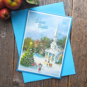 campanile della chiesa cartolina di natale notte silenziosa albero di natale cartolina religiosa giovanni 4:9 religione cristiana cancelleria vintage Dio benedica amore retrò