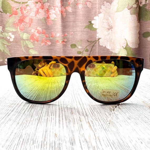 Flat-Top Tortoise-Shell Sunglasses with Green Mir… - image 1