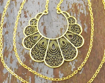 oversize gold pendant necklace filigree flower jewelry for women, ornate circle charm