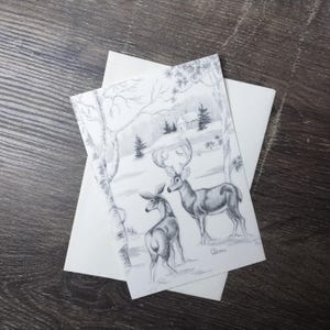 Tarjeta de felicitación de ciervo, tarjeta de Navidad, dibujo de Ann Adams, boceto en blanco y negro, reno, bosque, buenos deseos, temporada navideña, papelería, nuevo, antiguo, stock